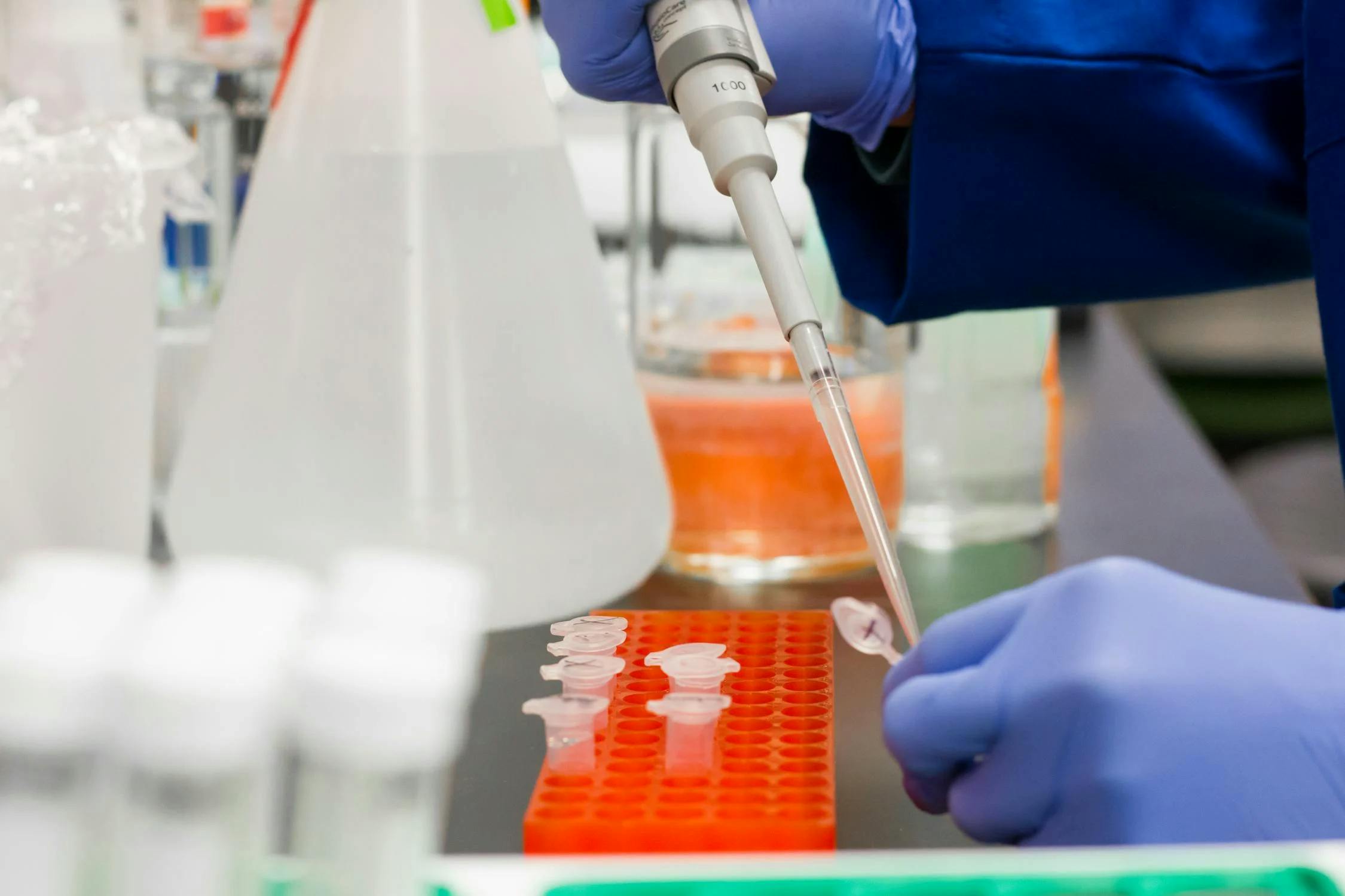 Display of a lab bench covered in lab equipment, where a scientist is applying a solution to an experiment with a pipette