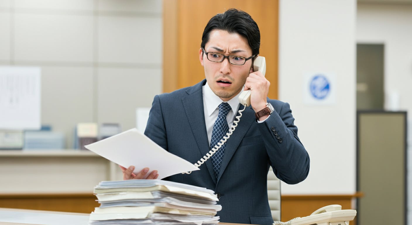 会社員が分厚いマニュアルを必死にめくりながら電話で顧客応対している写真