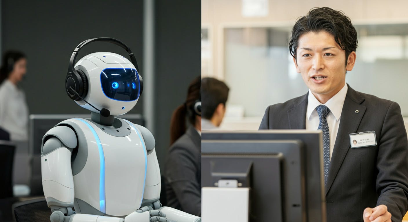 会社員が対人窓口を対応している様子とAIがコールセンターで電話応対をしている様子