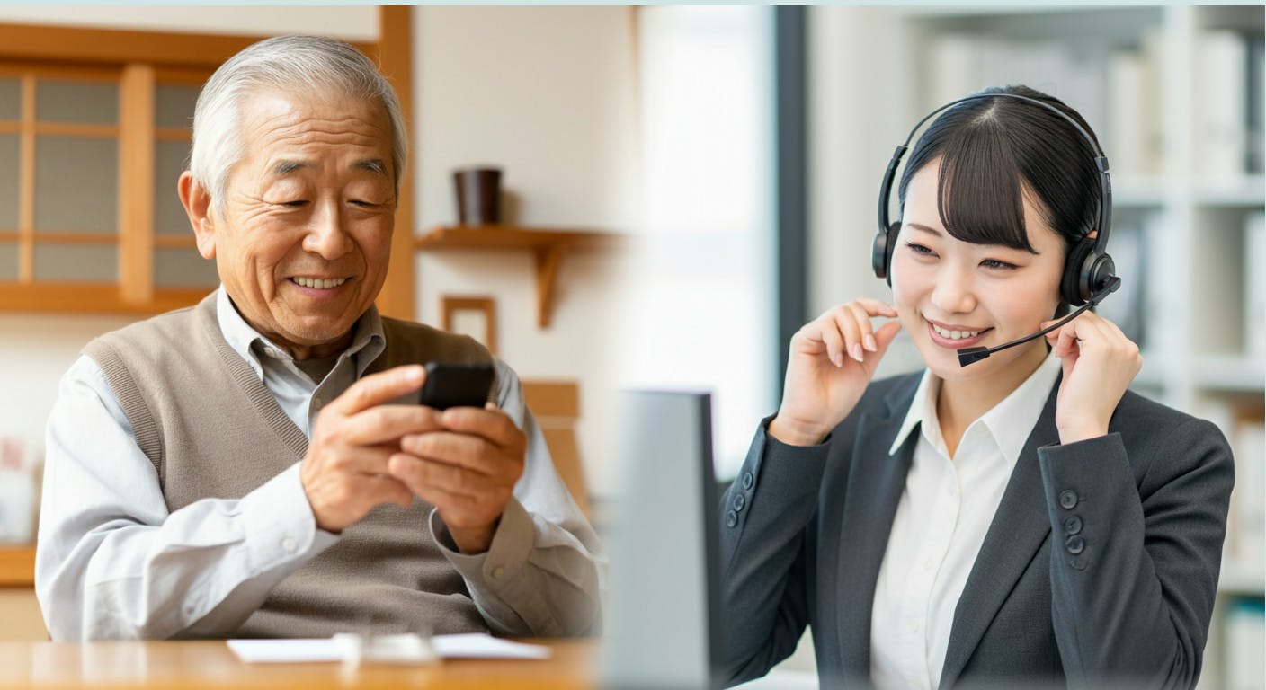 スマホで応対を受けるお年を召した住民と、電話対応する自治体職員が、両者とも満足そうな微笑みを浮かべている。