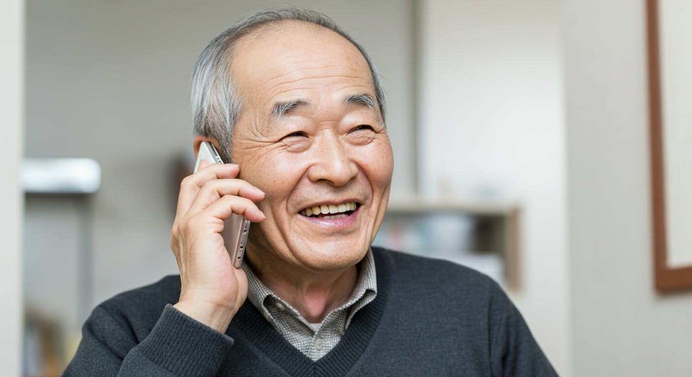 高齢の男性がスマートフォンで電話をかけている様子