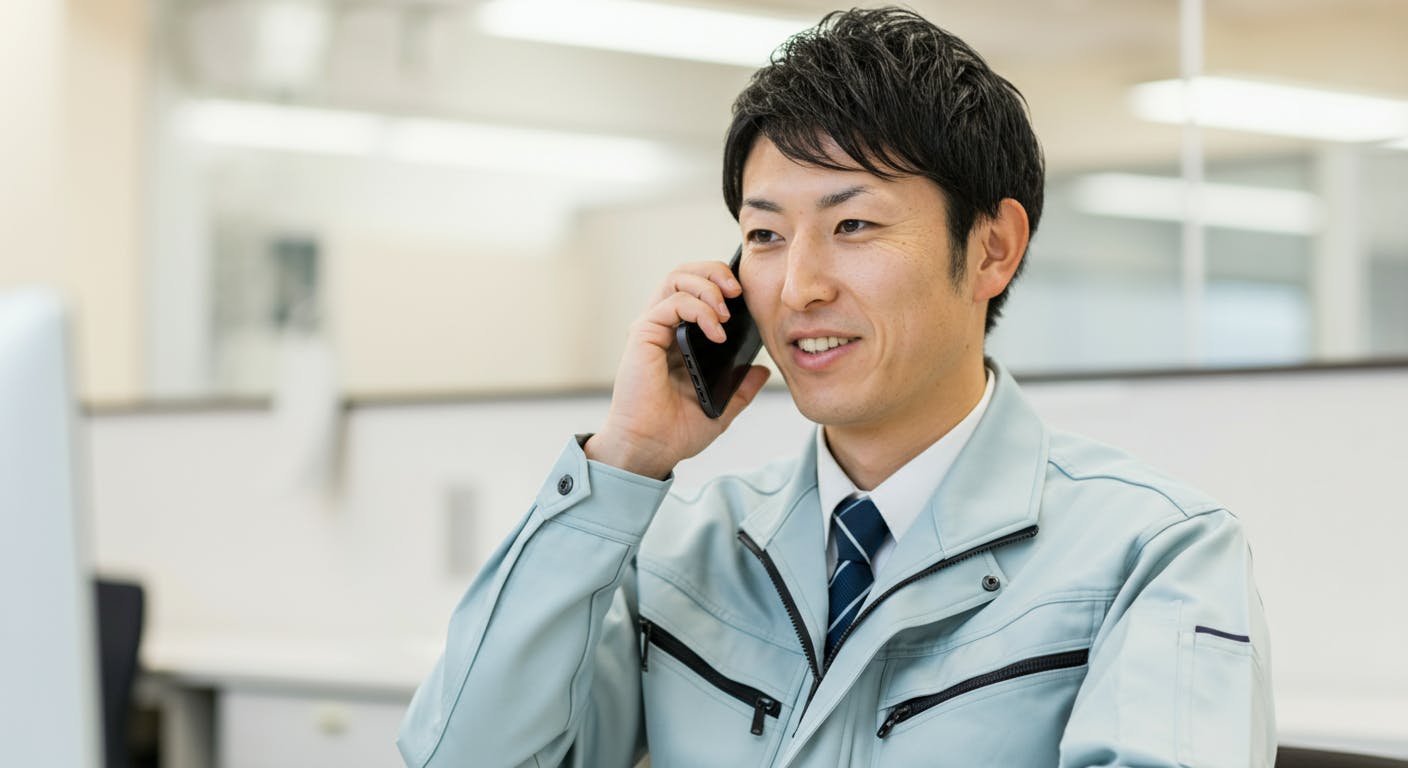 作業着を着た男性が電話をかけている様子