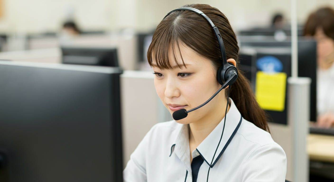 コールセンターにて女性社員が後確の架電業務をやや疲れた表情でこなしている写真