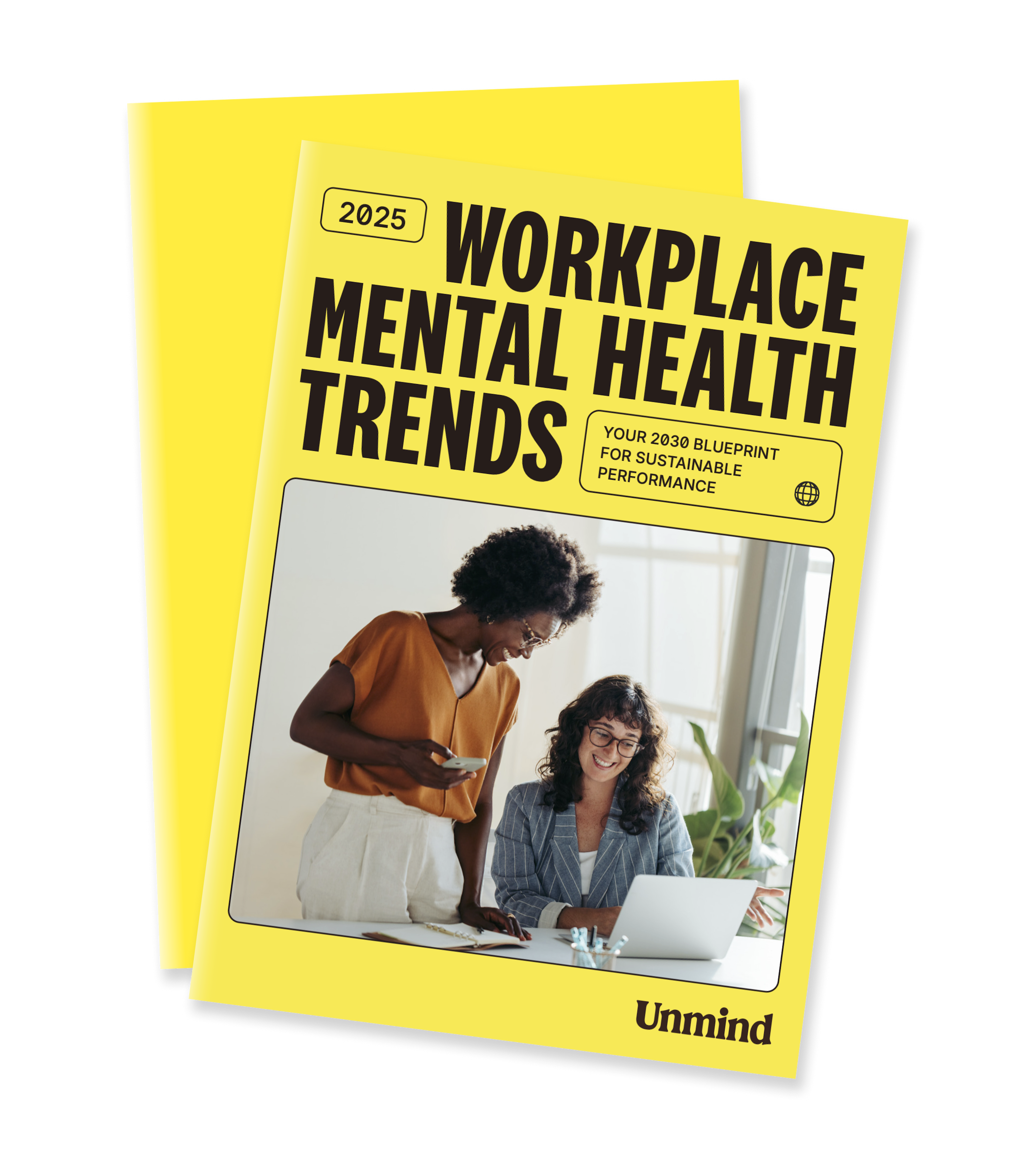 The front and back cover of Unmind's 2025 workplace mental health trends handbook