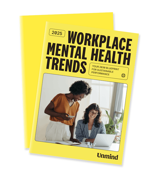 The front and back cover of Unmind's 2025 workplace mental health trends handbook