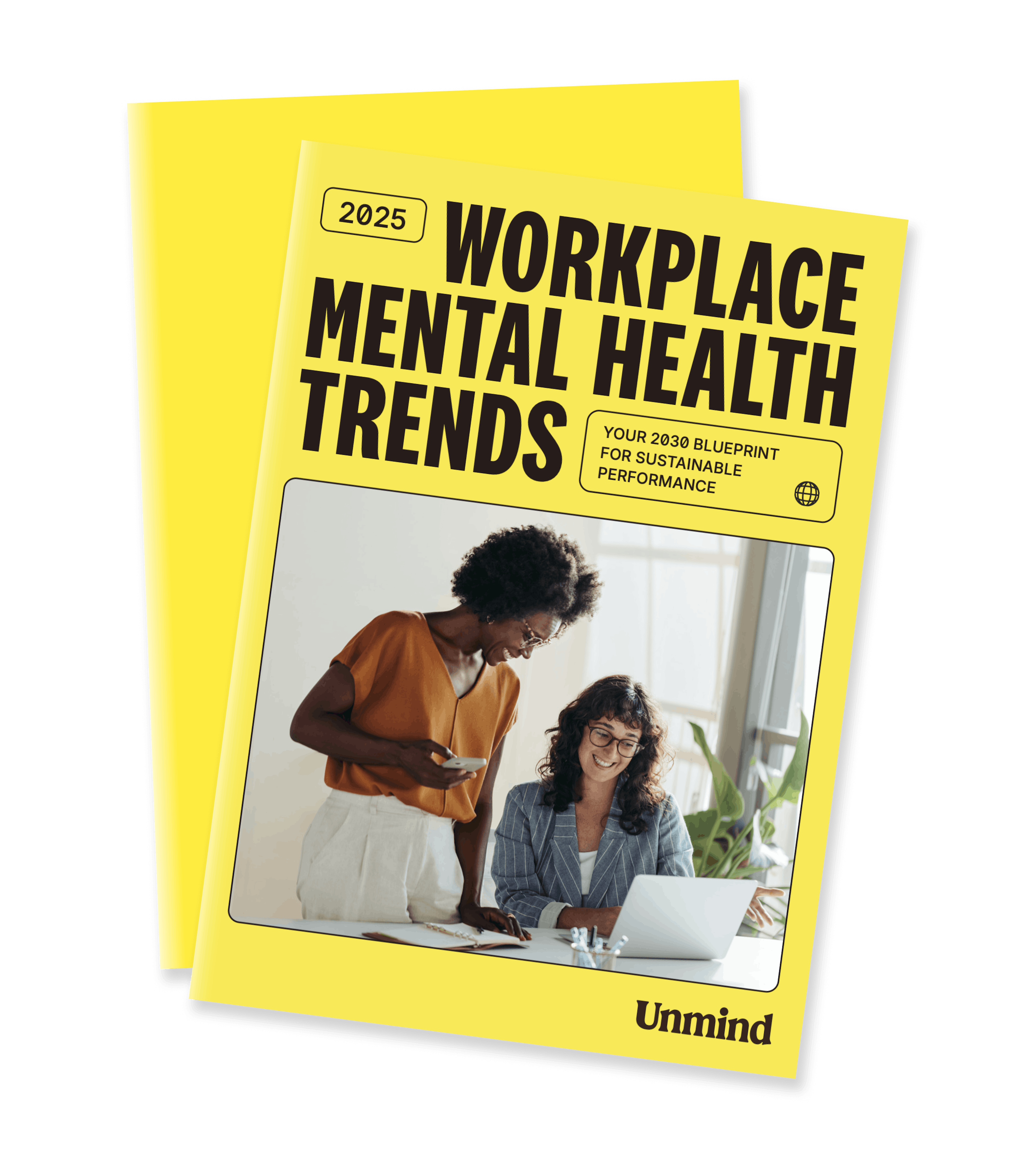 The front and back cover of Unmind's 2025 workplace mental health trends handbook