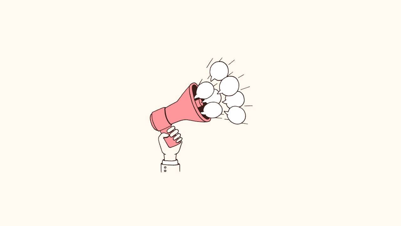 A hand holding a megaphone with multiple speech bubbles coming out of it