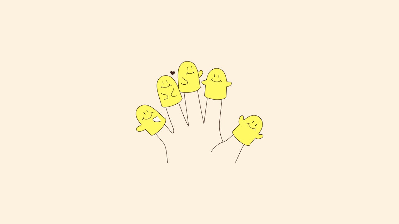 A hand with five different finger puppets on