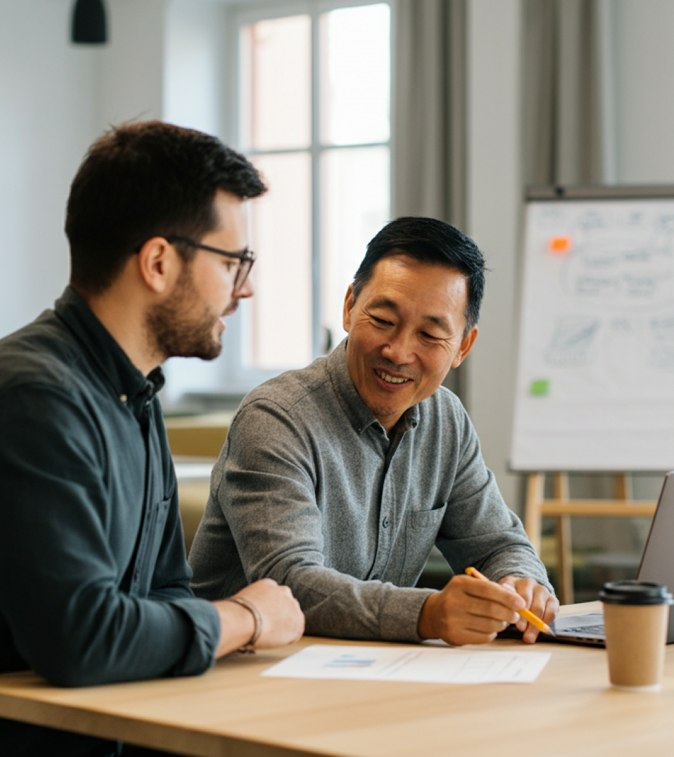 A group of professionals engaged in a collaborative discussion over coffee in a workspace, symbolizing the importance of mental health in the workplace.