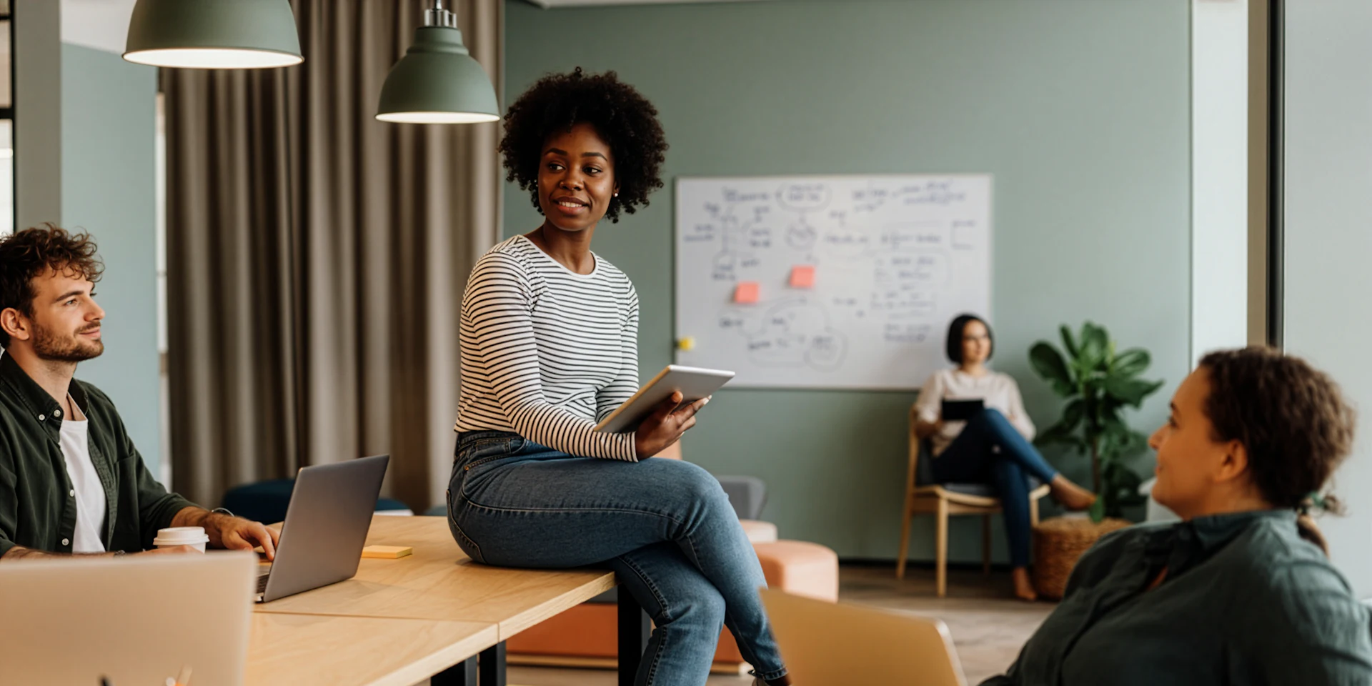 A collaborative office environment where diverse teams brainstorm ideas, highlighting the role of managers in integrating mental health support.