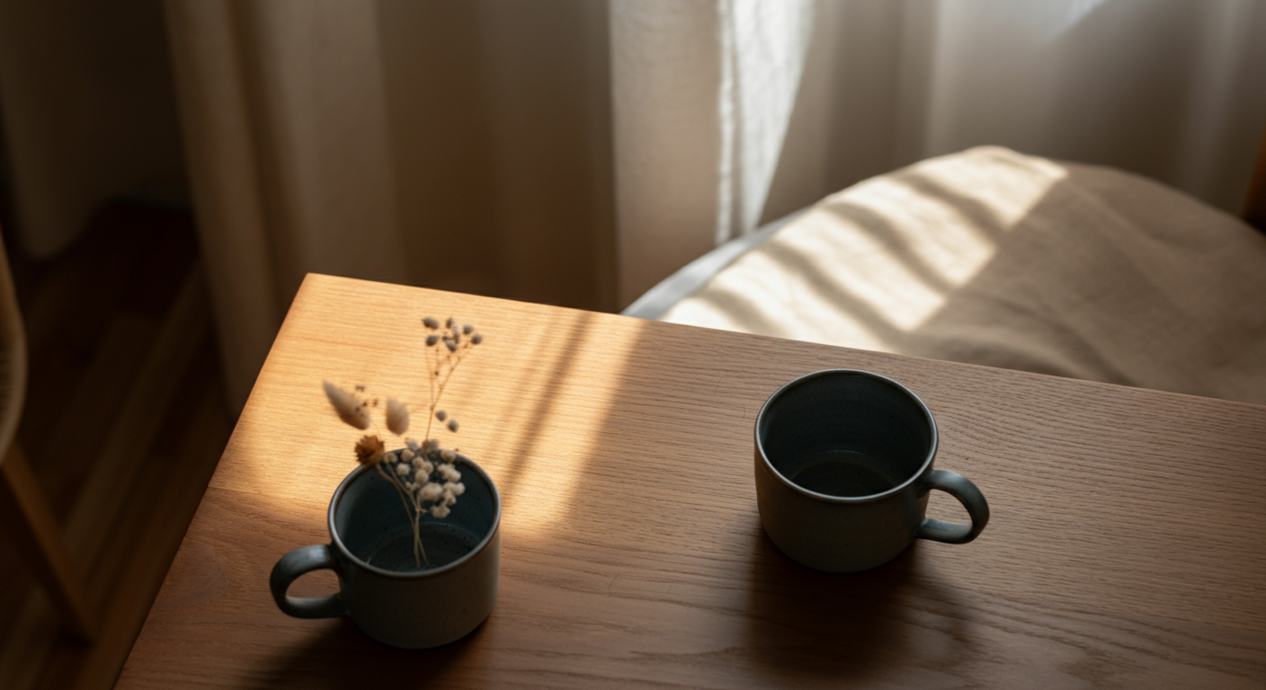 A cozy indoor setting with coffee cups on a wooden table, symbolizing conversation and connection around mental health.