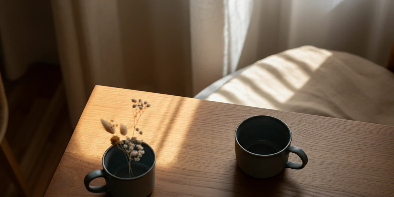 A cozy indoor setting with coffee cups on a wooden table, symbolizing conversation and connection around mental health.