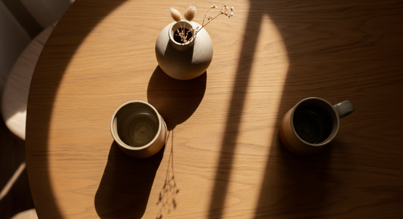 A minimalist still life image of coffee mugs and a ceramic vase, reflecting a warm, inviting atmosphere that promotes mental wellbeing.