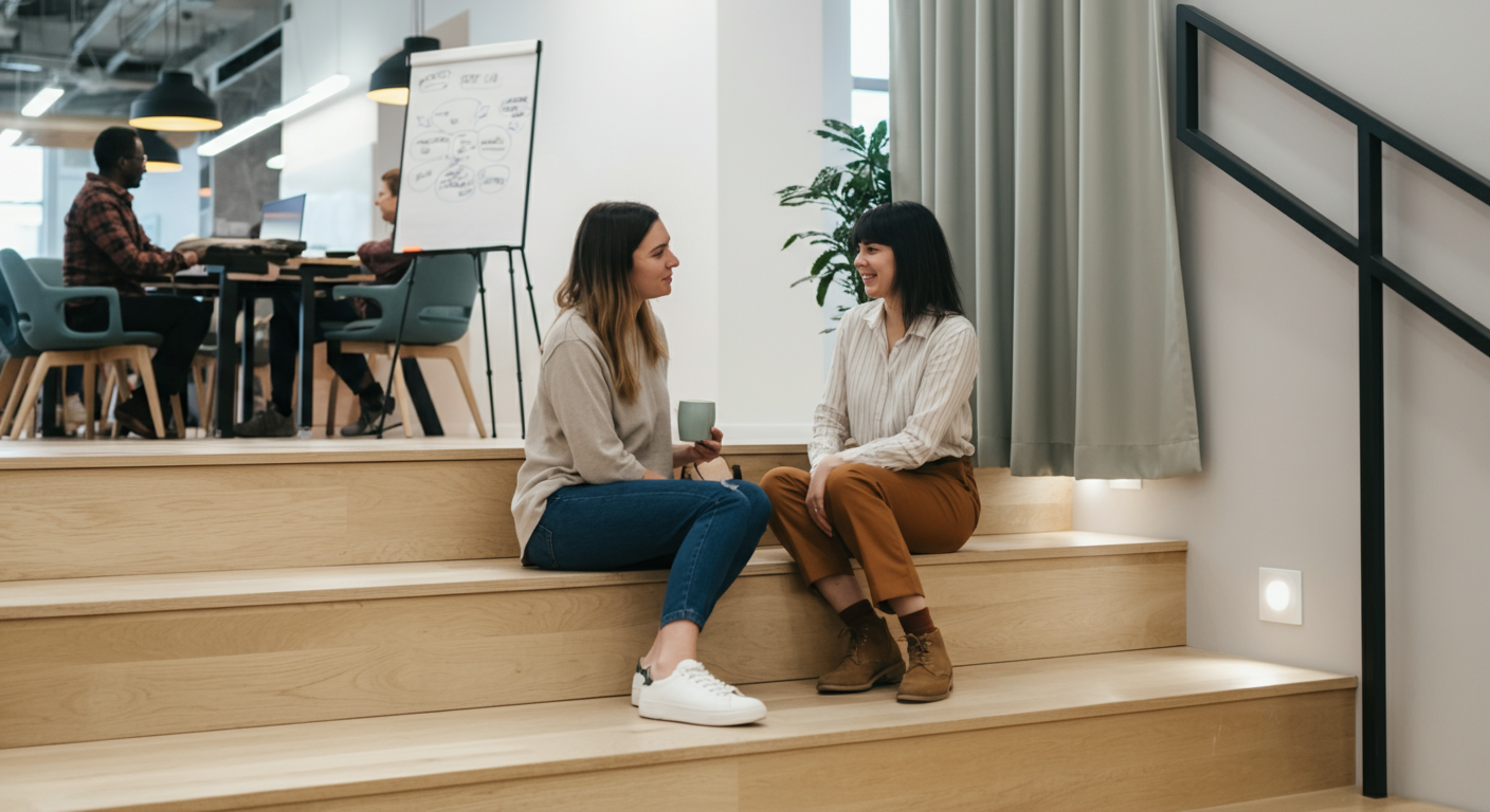 Two women engaged in a casual conversation in a modern office setting, illustrating teamwork and collaboration in the workplace.