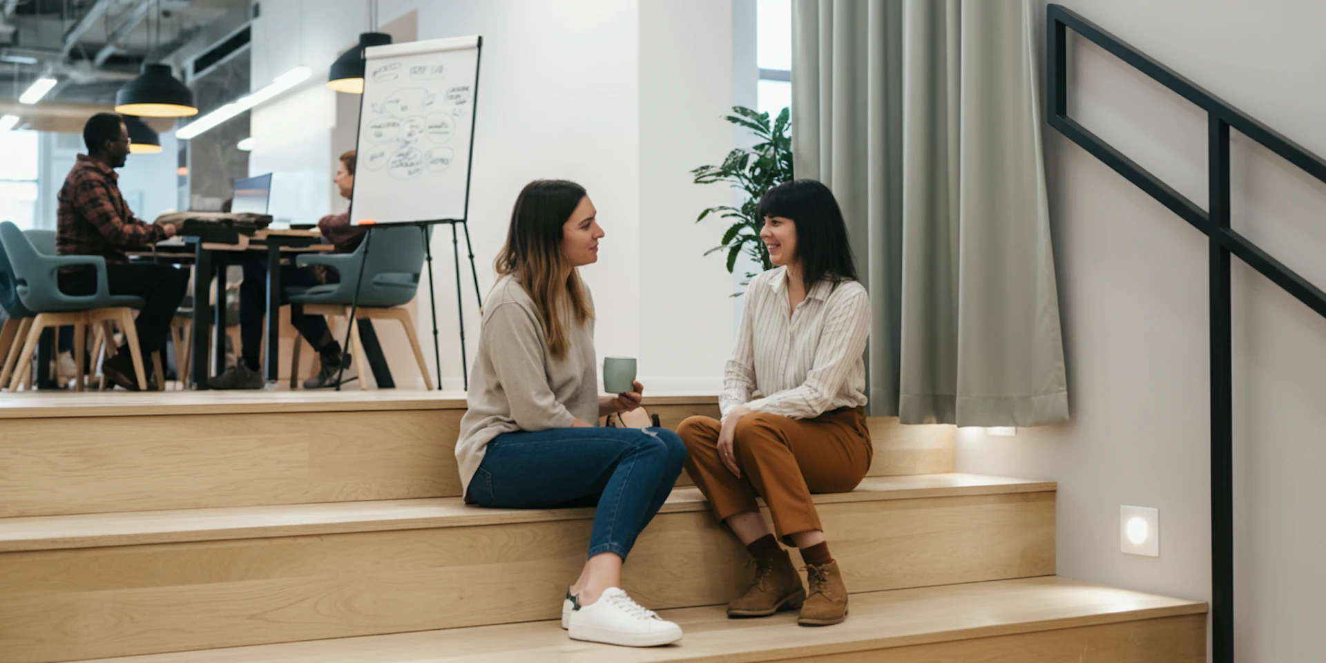 Two women engaged in a casual conversation in a modern office setting, illustrating teamwork and collaboration in the workplace.