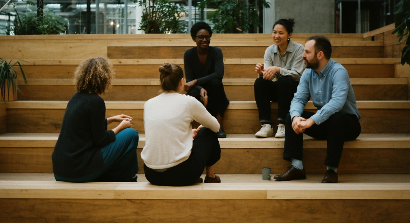 A group of diverse employees in a casual meeting, brainstorming solutions to individual and role-level stressors in a relaxed atmosphere.
