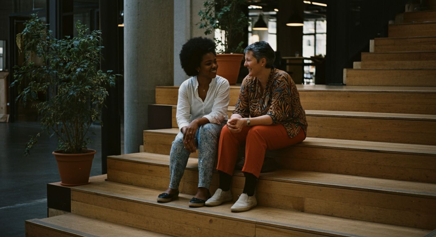 A modern office setting with relaxed employees discussing wellness programs, symbolizing the impact of workplace wellness on employee retention.
