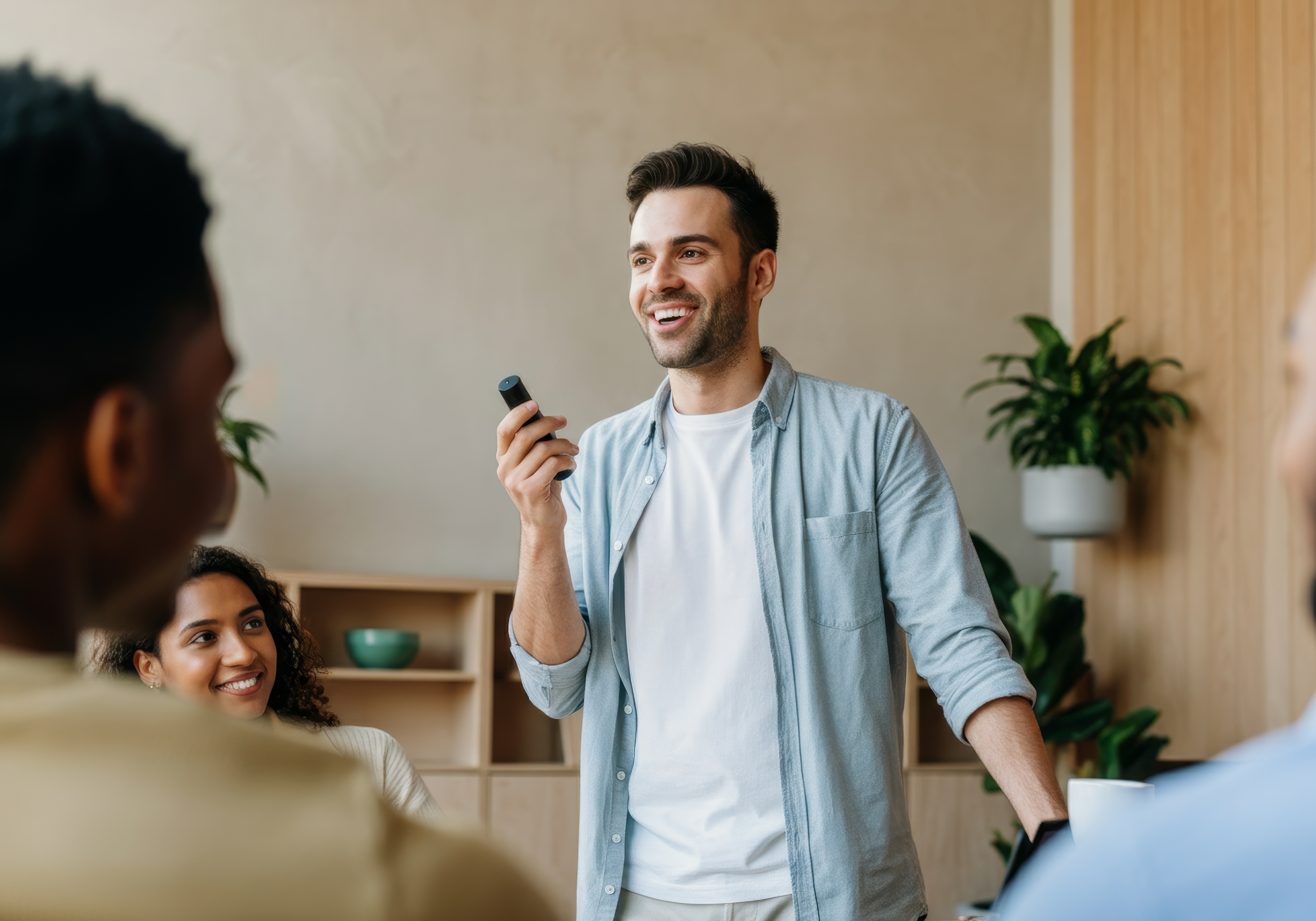A diverse group of employees engaged in a positive discussion in an office setting, representing teamwork and employee wellbeing.