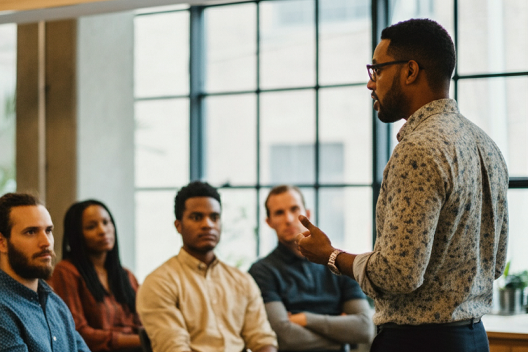A manager facilitating a meeting with a diverse team, highlighting the importance of manager capability in mental health initiatives.
