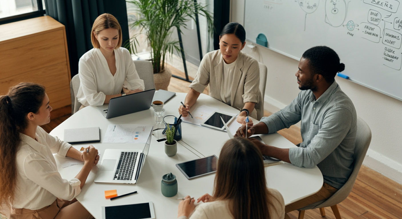 A team of professionals in a meeting, discussing strategies to manage organizational drivers of stress in a bright office environment.