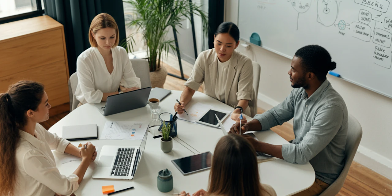 A diverse group of professionals engaged in a collaborative meeting, discussing strategies to manage workplace stress and burnout.