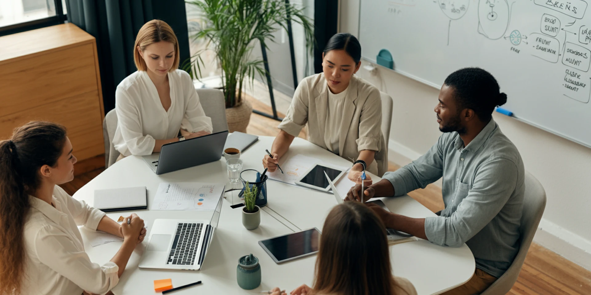 A team of professionals in a meeting, discussing strategies to manage organizational drivers of stress in a bright office environment.