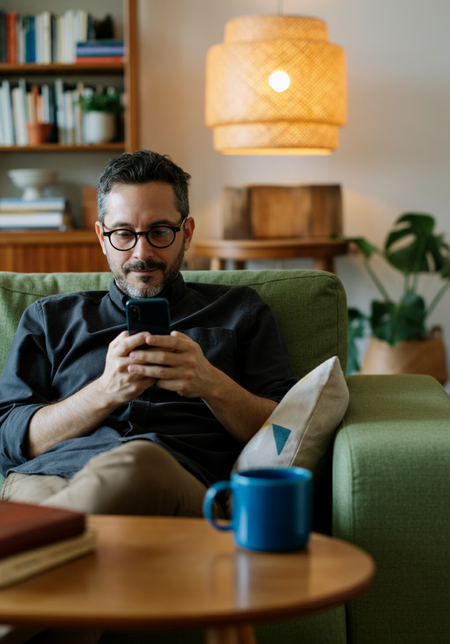 A man relaxing on a sofa with a smartphone, symbolizing the personal use of mental health apps and the importance of user experience.