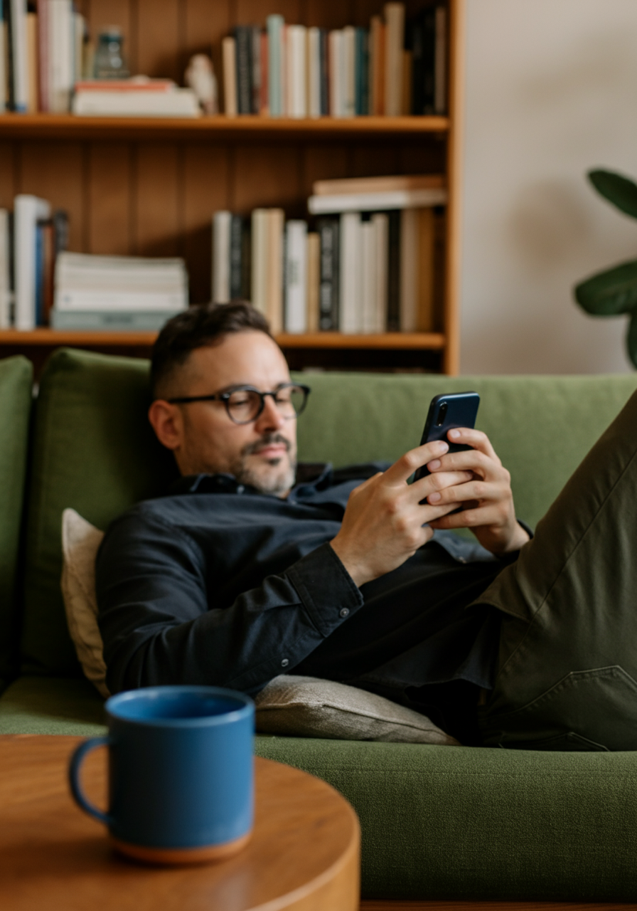 A relaxed individual reading on a couch, illustrating the need for accessible mental health resources and support.