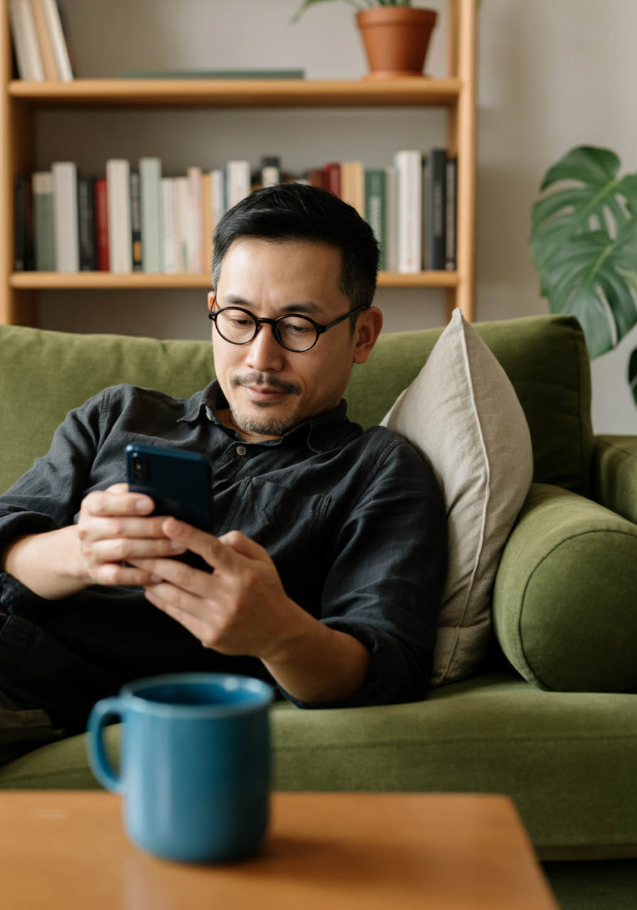 A cozy indoor scene depicting a person reading and relaxing on a couch, highlighting the need for mental wellness in a supportive environment.