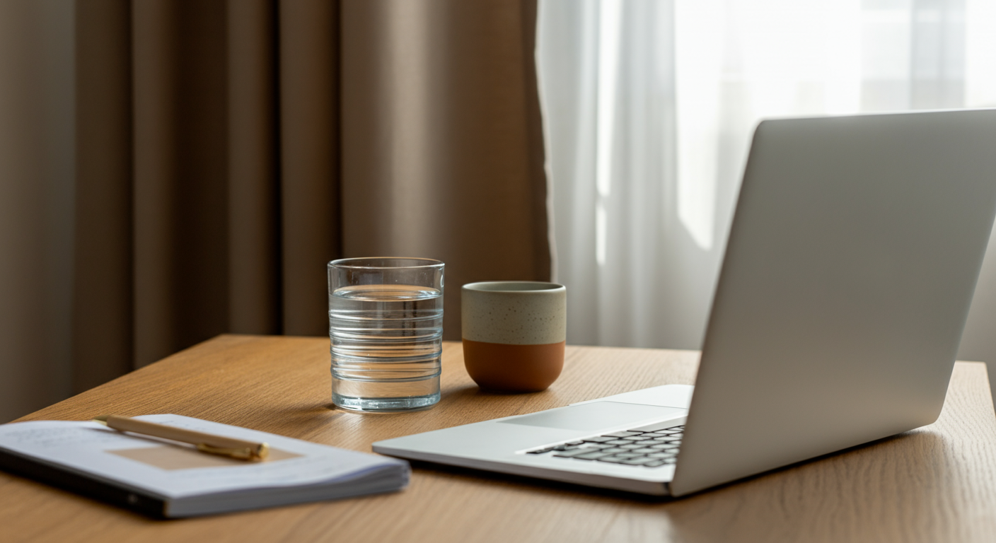 An organized workspace with a laptop and coffee cup, representing the data-driven approach to tracking wellness program effectiveness.