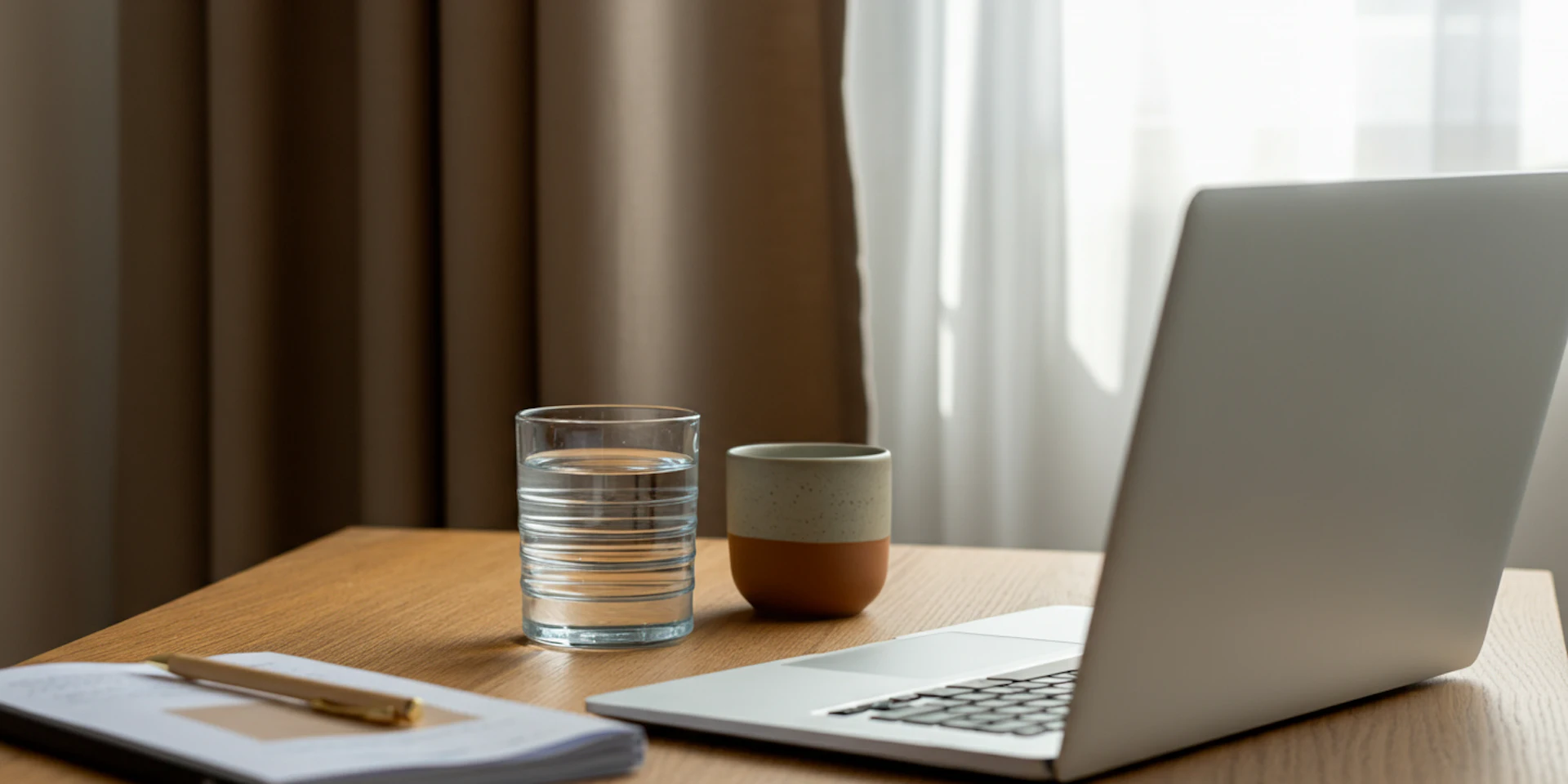 An organized workspace with a laptop and coffee cup, representing the data-driven approach to tracking wellness program effectiveness.