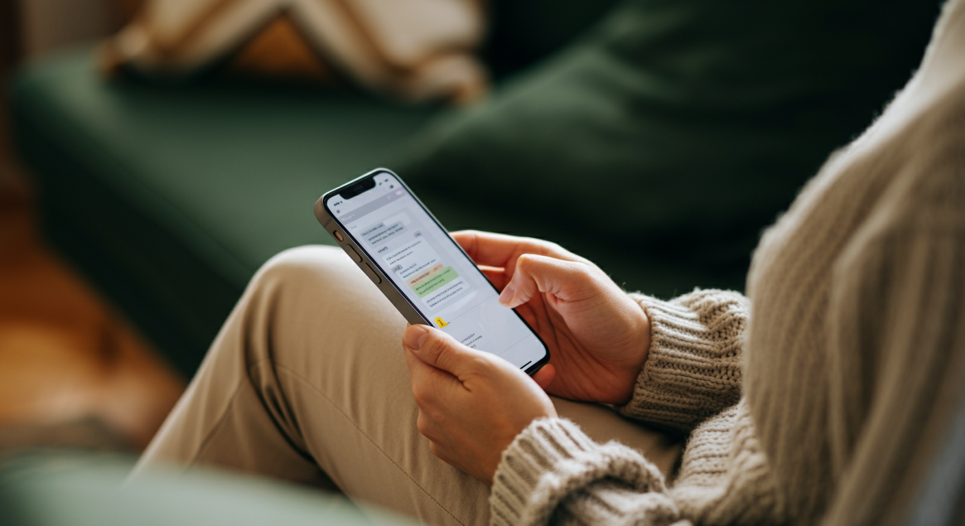 A casual setting with a person using a smartphone, illustrating communication and the importance of accessible mental health resources.