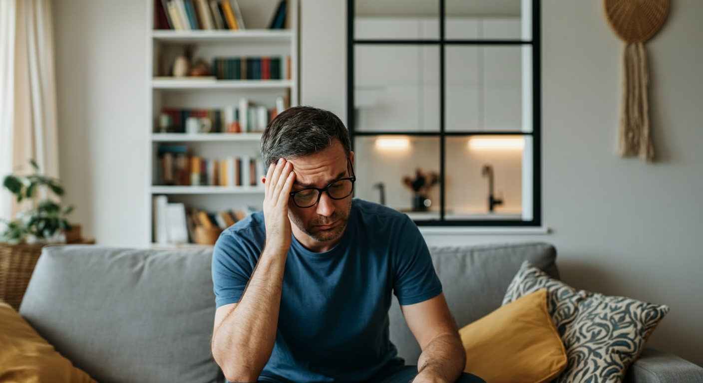A thoughtful man in a modern home setting, illustrating the importance of mental health and support for employees during stressful times.