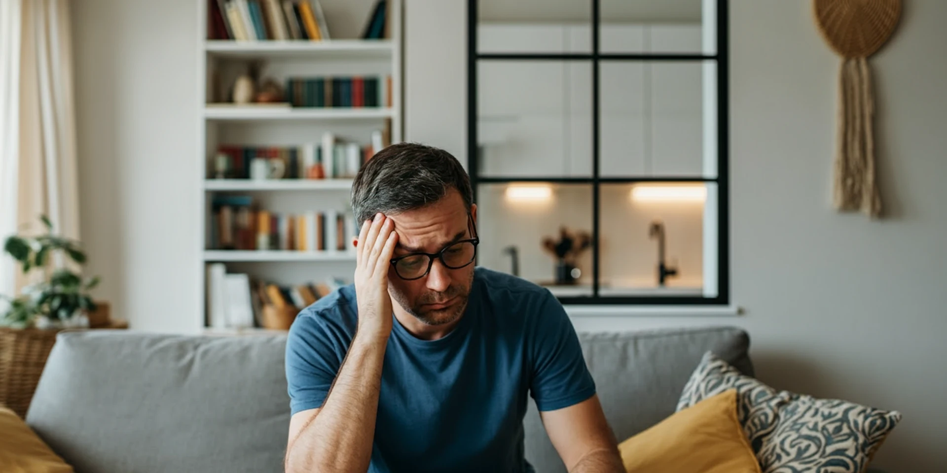 A thoughtful man in a modern home setting, illustrating the importance of mental health and support for employees during stressful times.