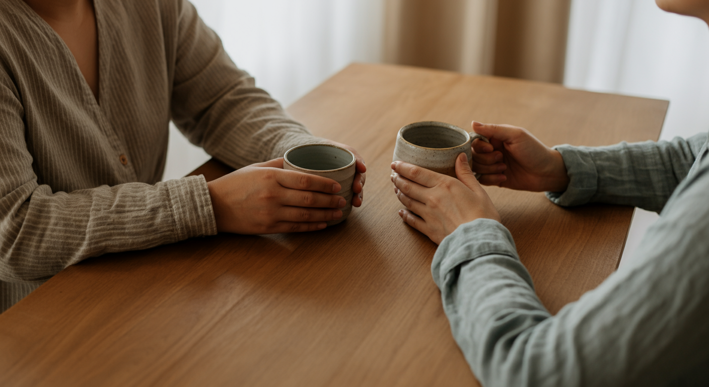 A cozy indoor scene with coffee cups on a wooden table, highlighting the importance of traditional therapy in mental health support.