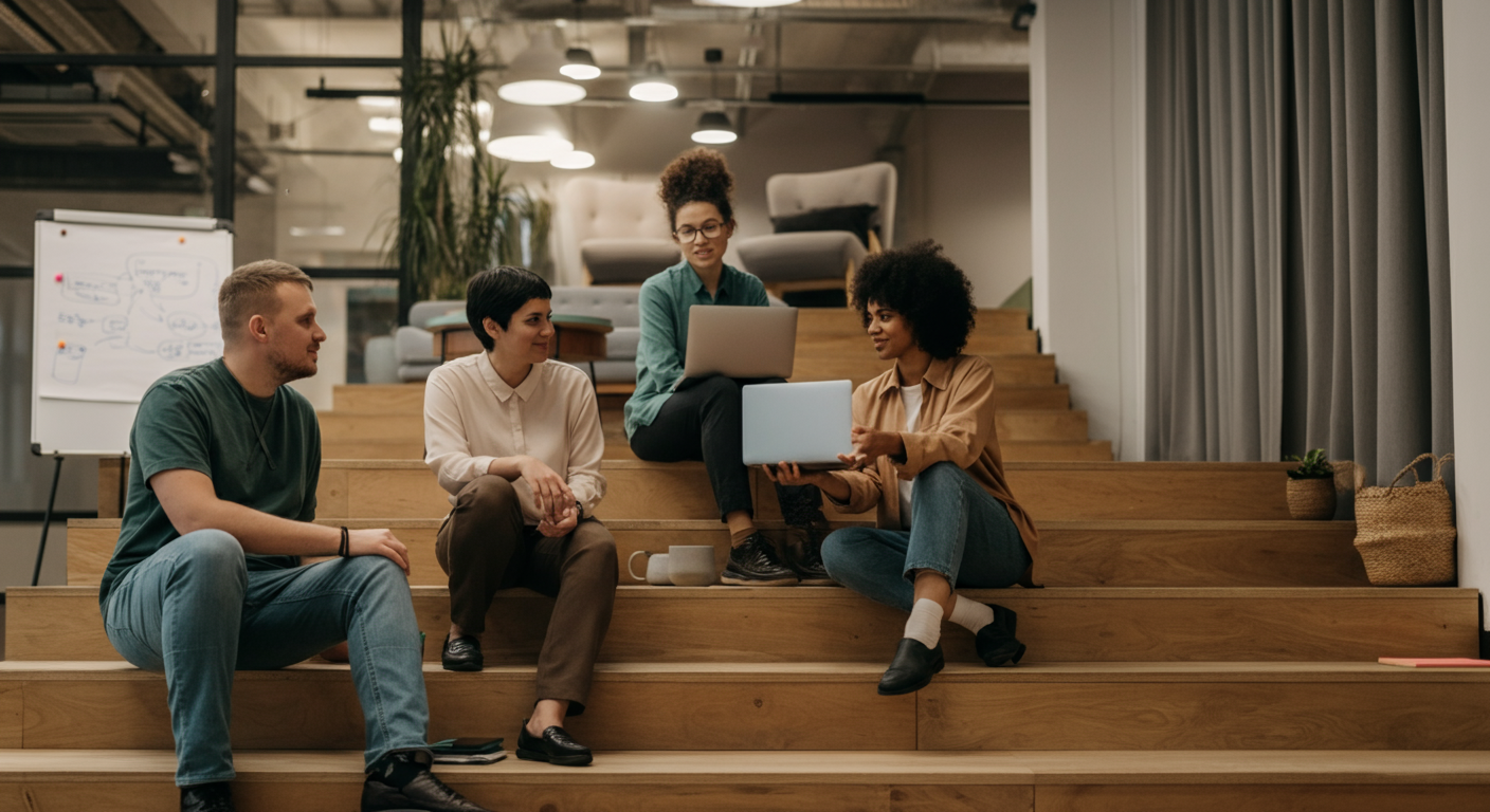 A diverse group of professionals engaged in a collaborative discussion in a modern office setting, symbolizing teamwork and addressing workplace stress.