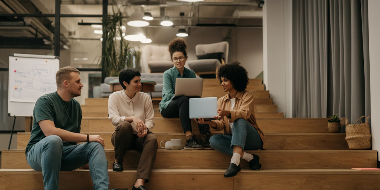 A diverse group of professionals engaged in a collaborative discussion in a modern office setting, symbolizing teamwork and addressing workplace stress.