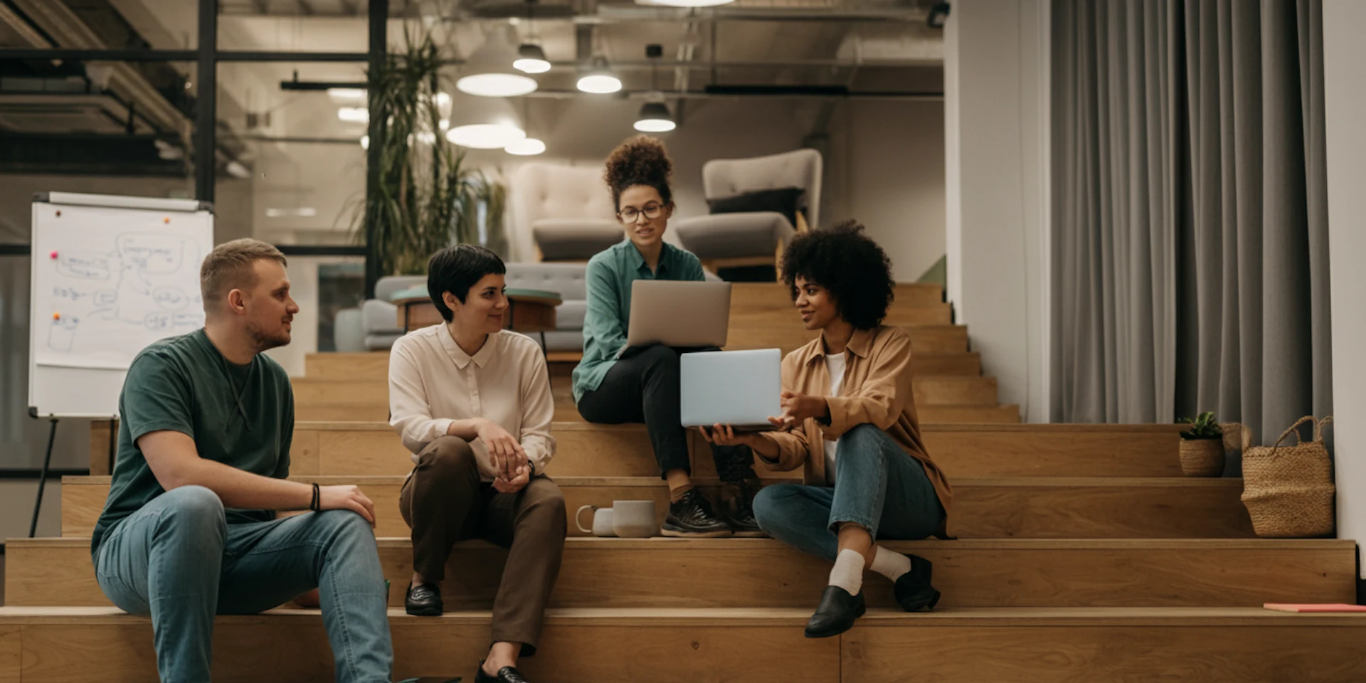 A group of diverse employees collaborating around a laptop in a casual office environment, illustrating the role of managers in workplace mental health.