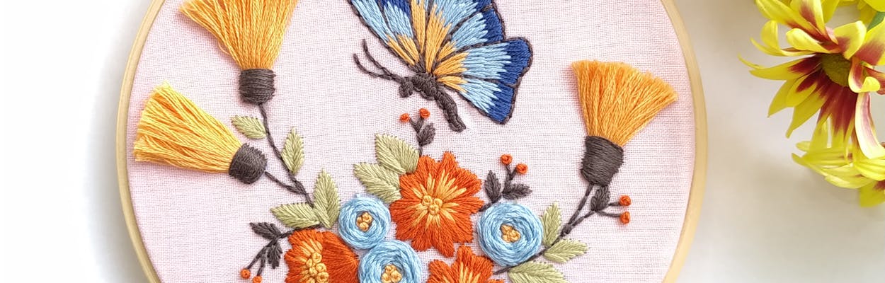 Butterfly and flowers embroidery by Hoopies Art
