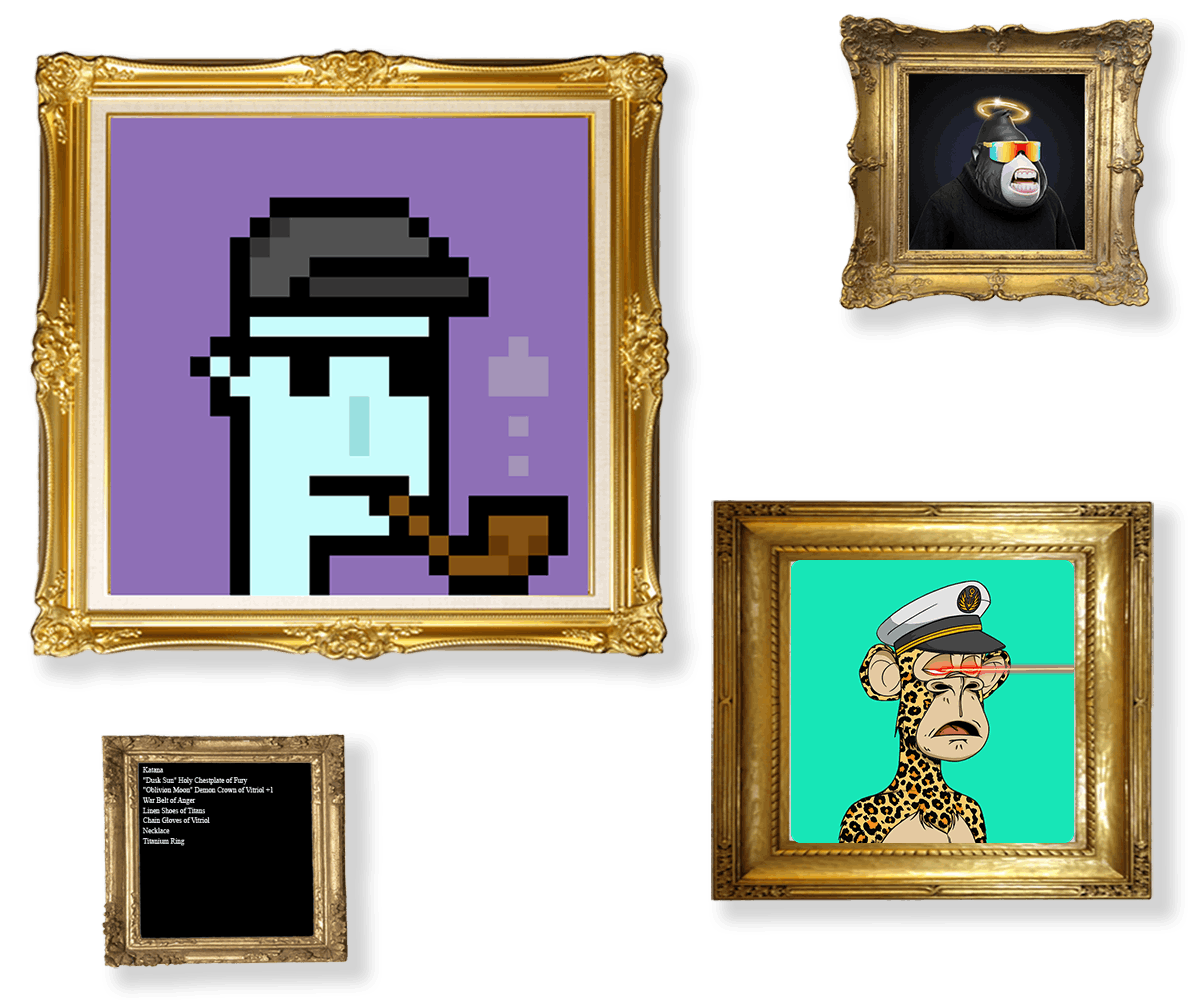 CryptoPunk, Degen Ape, Bored Ape Yacht Club, Loot CryptoPunk, Degen Ape, Bored Ape Yacht Club, Loot