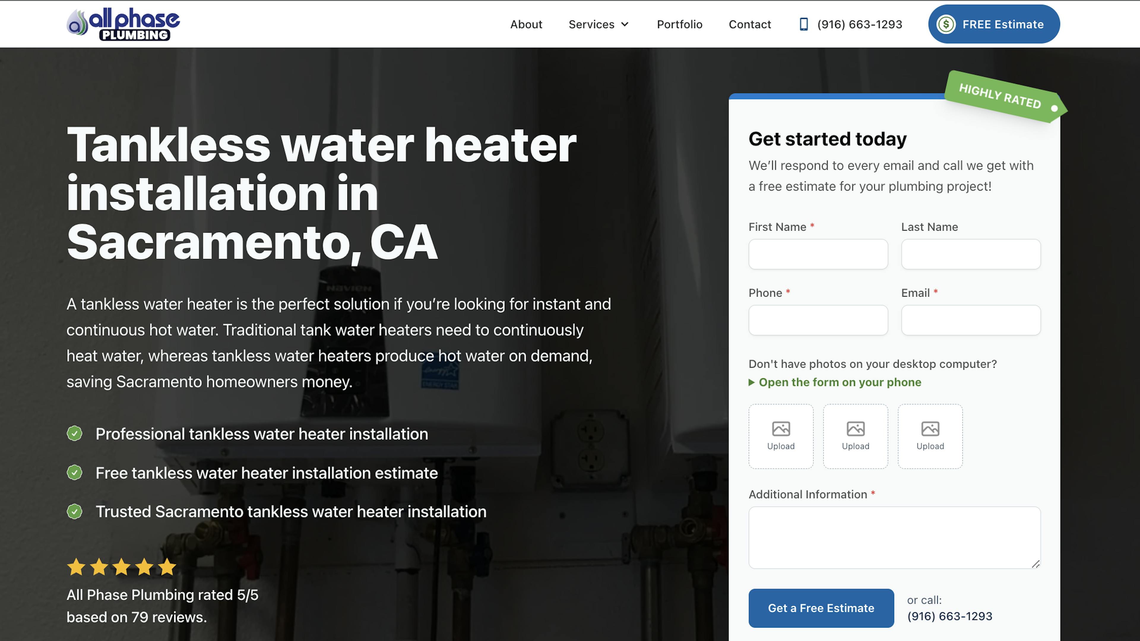 Webpage detailing tankless water heater installation services in Sacramento, CA, with a focus on instant and continuous hot water benefits. Features include professional installation, free estimates, and trusted service, alongside an image of a wall-mounted tankless water heater. A contact form offers easy submission for free estimates, with options to upload photos and a highly rated badge for the service provider.