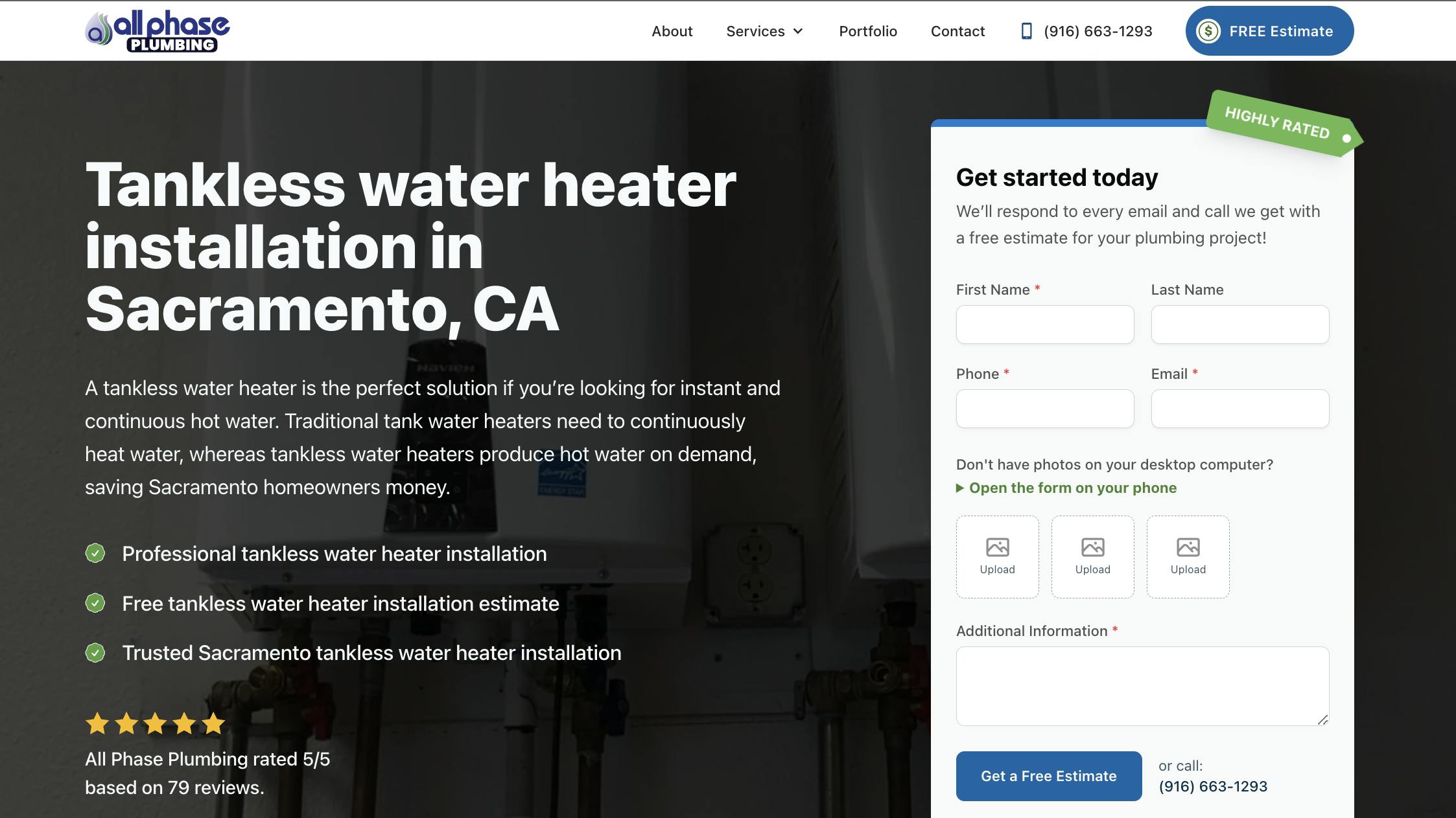Webpage detailing tankless water heater installation services in Sacramento, CA, with a focus on instant and continuous hot water benefits. Features include professional installation, free estimates, and trusted service, alongside an image of a wall-mounted tankless water heater. A contact form offers easy submission for free estimates, with options to upload photos and a highly rated badge for the service provider.