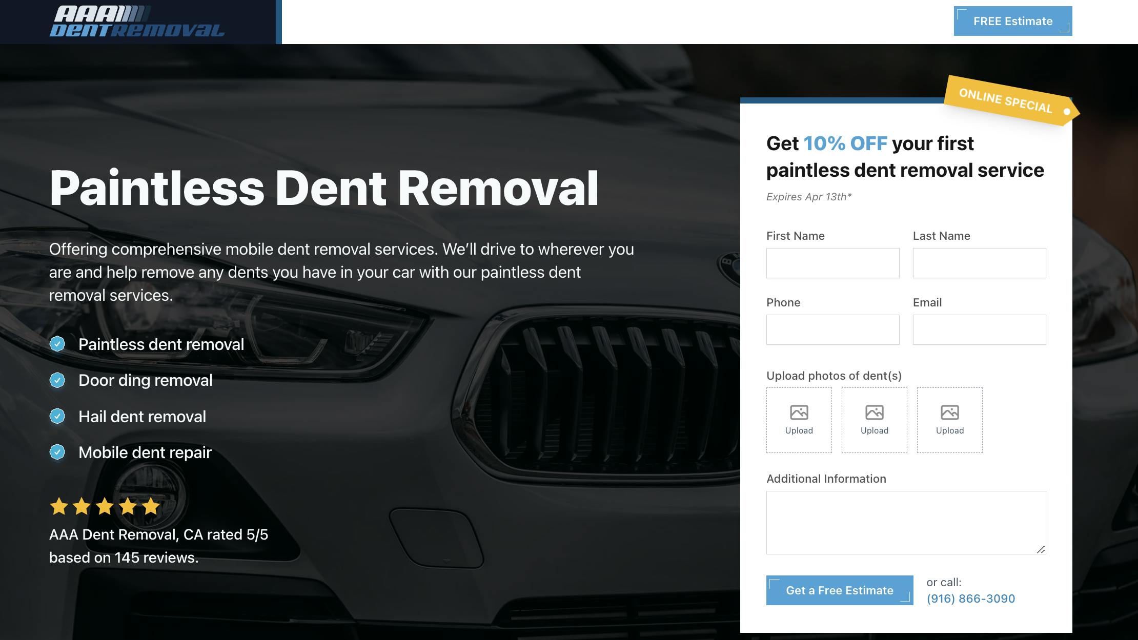 Promotional banner for AAA Dent Removal's paintless dent repair service, with a monochrome image of a car highlighting the service areas: paintless dent removal, door ding, hail damage, and mobile repair. Rated 5/5 based on 145 reviews, it emphasizes quality service and customer satisfaction. An adjacent form offers a 10% discount for new customers, with fields for contact information and photo uploads, inviting immediate engagement.
