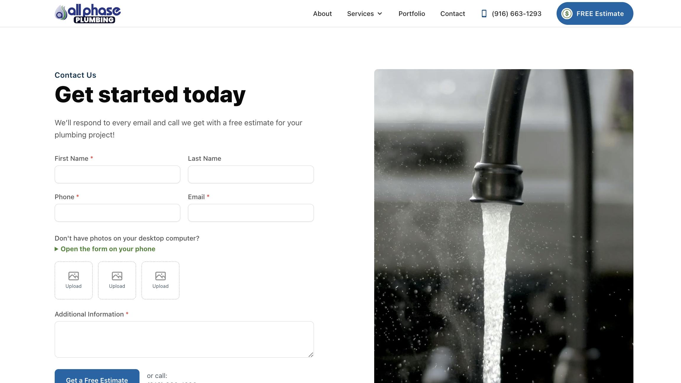 Contact page for All Phase Plumbing with a 'Get started today' header, promising prompt responses for free plumbing estimates. The form requests the user's first and last name, phone, and email, with an option to upload photos directly from a phone. To the right, a high-definition image shows a close-up of water flowing from a faucet, emphasizing their focus on plumbing solutions.