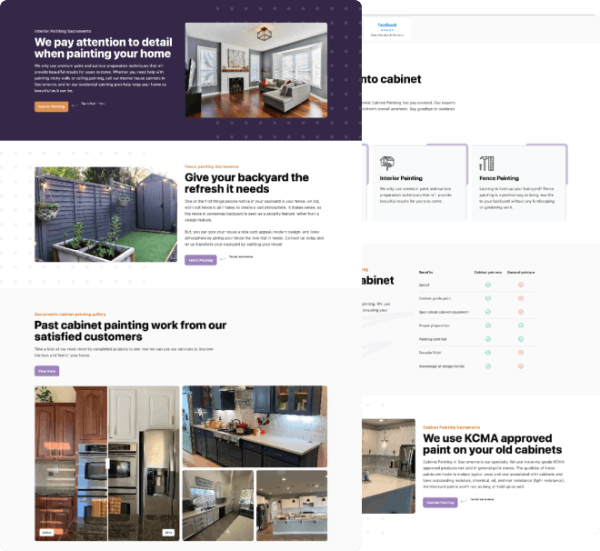 A collage of web sections from a painting service website featuring detailed descriptions and images of their services. Top row focuses on interior painting and the benefits of cabinet painting. Middle row promotes backyard refreshing and showcases service categories. Bottom row displays before-and-after photos of past cabinet painting projects, emphasizing customer satisfaction and quality workmanship.