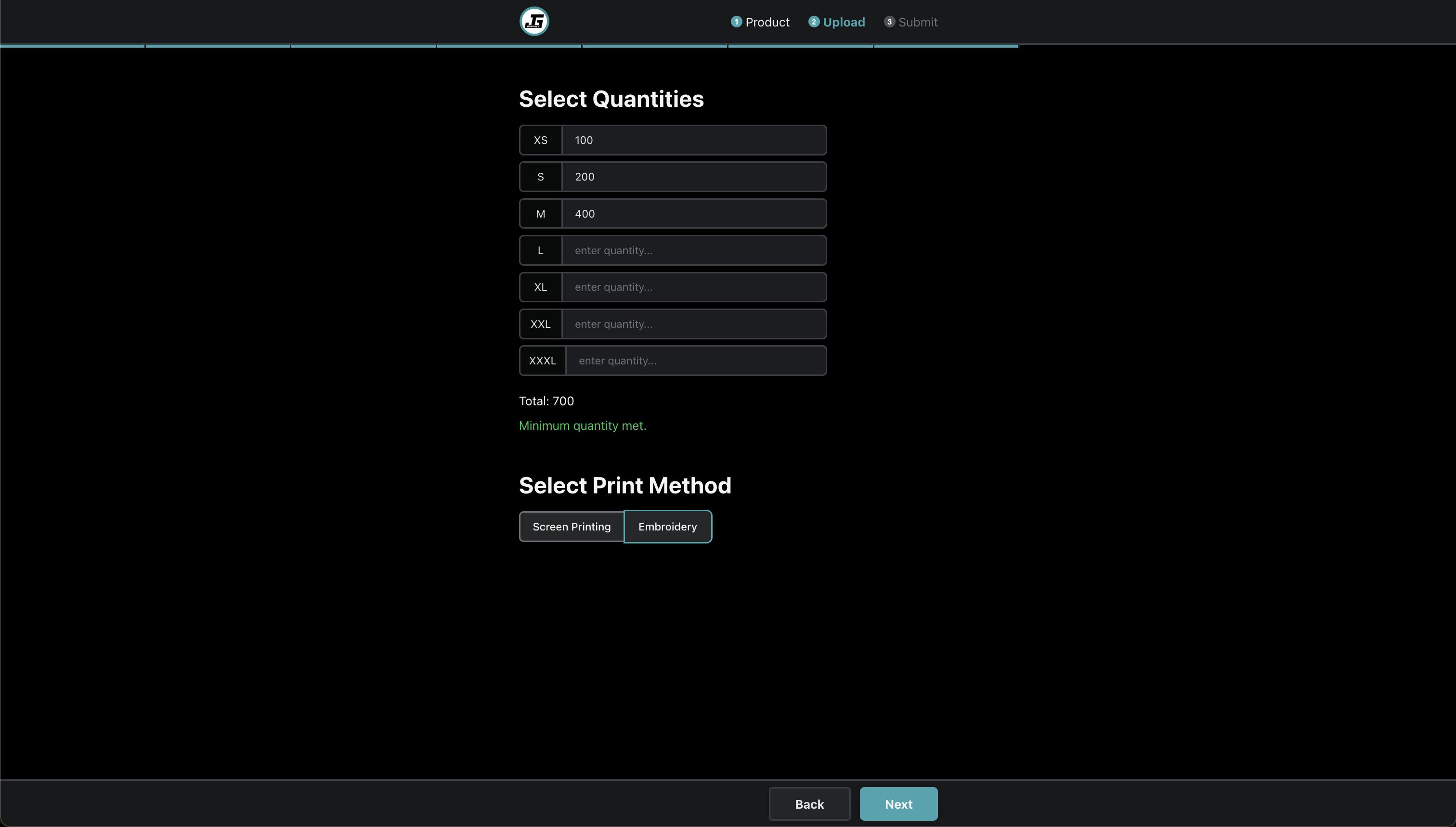 Step in order form where you enter your quantities + select print method