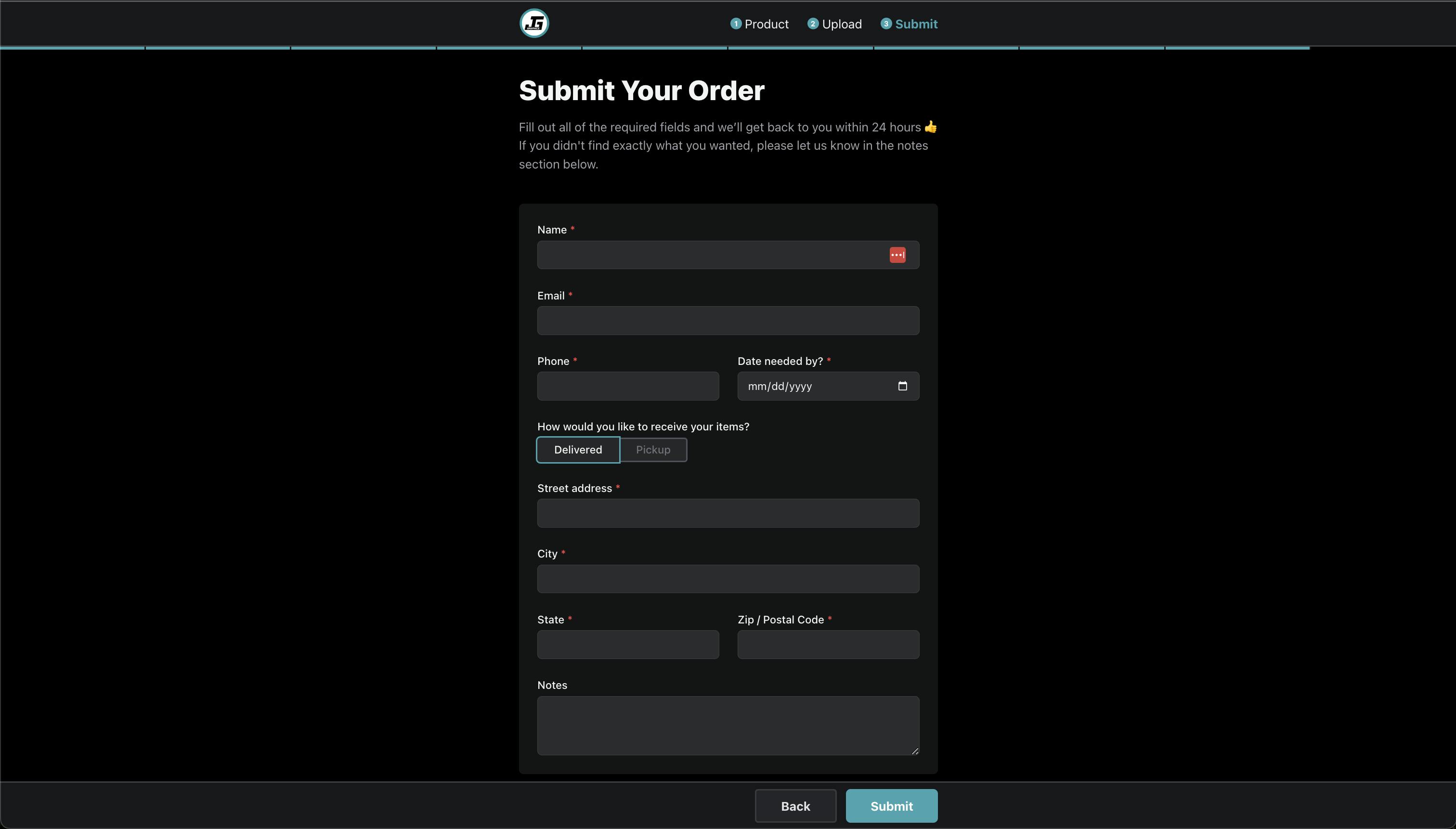 Last step in contact/order form to gather the user's information