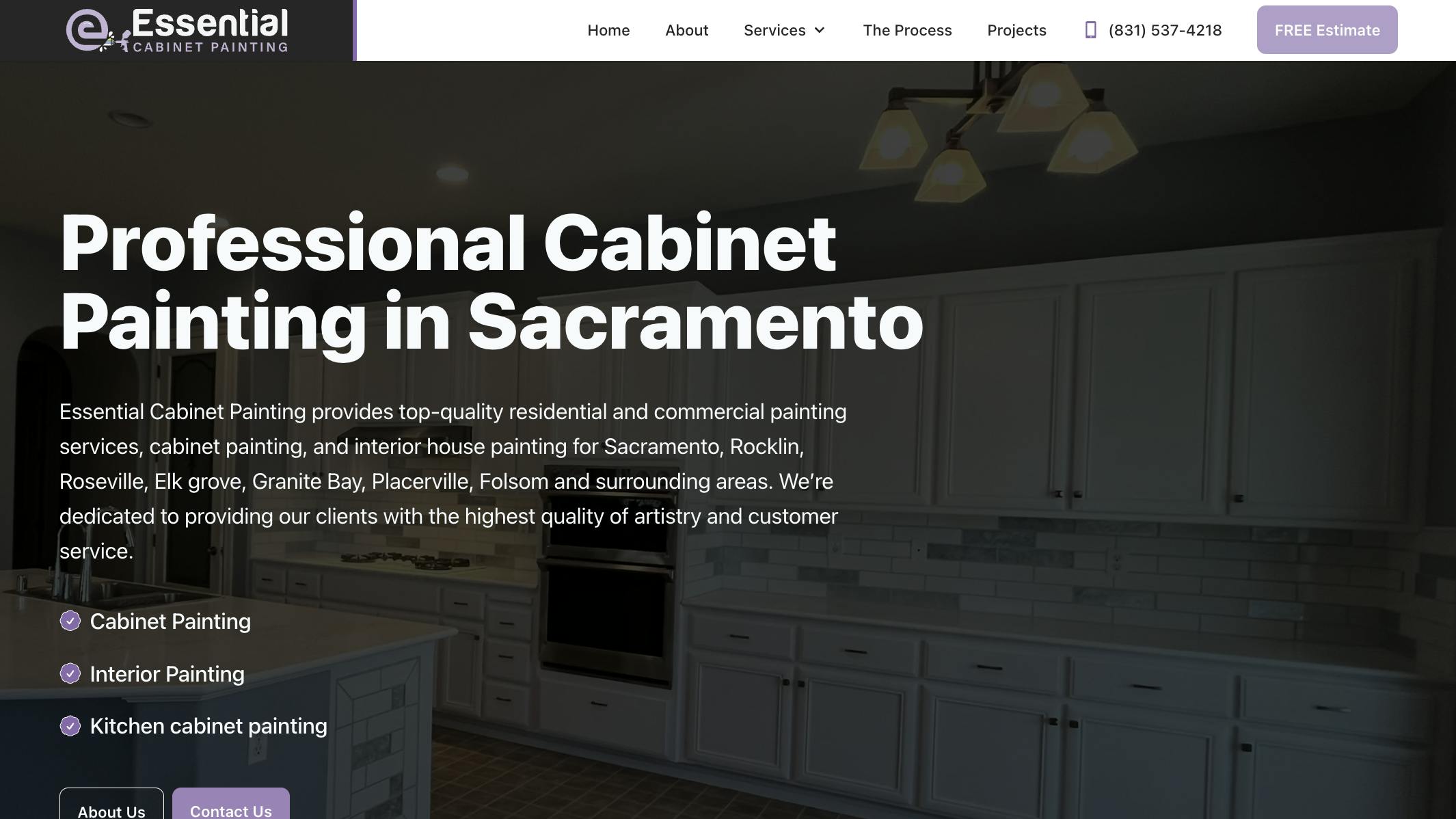 Homepage for Essential Cabinet Painting featuring a large banner with the title 'Professional Cabinet Painting in Sacramento.' Descriptive text beneath mentions residential and commercial services in various locations. The image shows a modern kitchen with elegantly painted cabinets and chic lighting. Icons for specific services and navigation buttons for more information and contact details are also displayed.