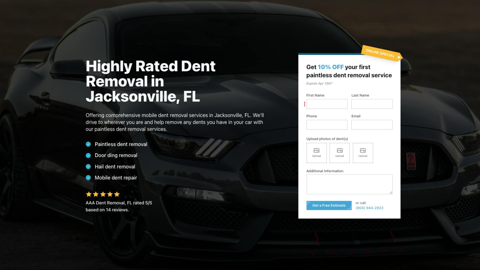 Web banner for a highly rated dent removal service in Jacksonville, FL, featuring an image of a sleek black car with the headline 'Highly Rated Dent Removal.' Services offered include paintless dent removal, door ding removal, and mobile repair. An online special offers 10% off the first service, with a form to get a free estimate or upload photos of the dent, reinforcing convenience and savings.