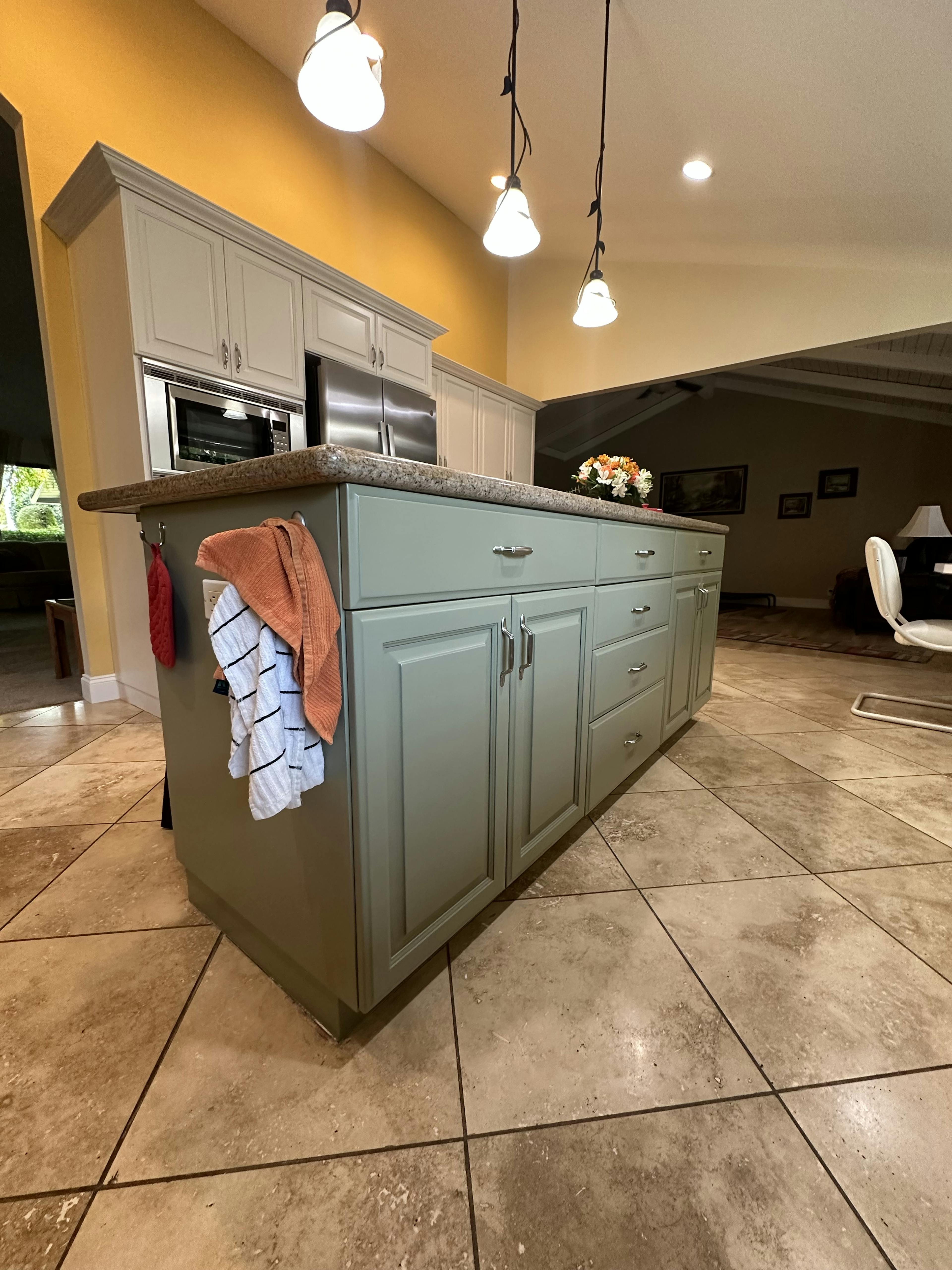 A low angle of an island in a kitchen